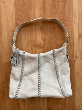 Vintage leather White Stitched Hobo Bag with Tassel